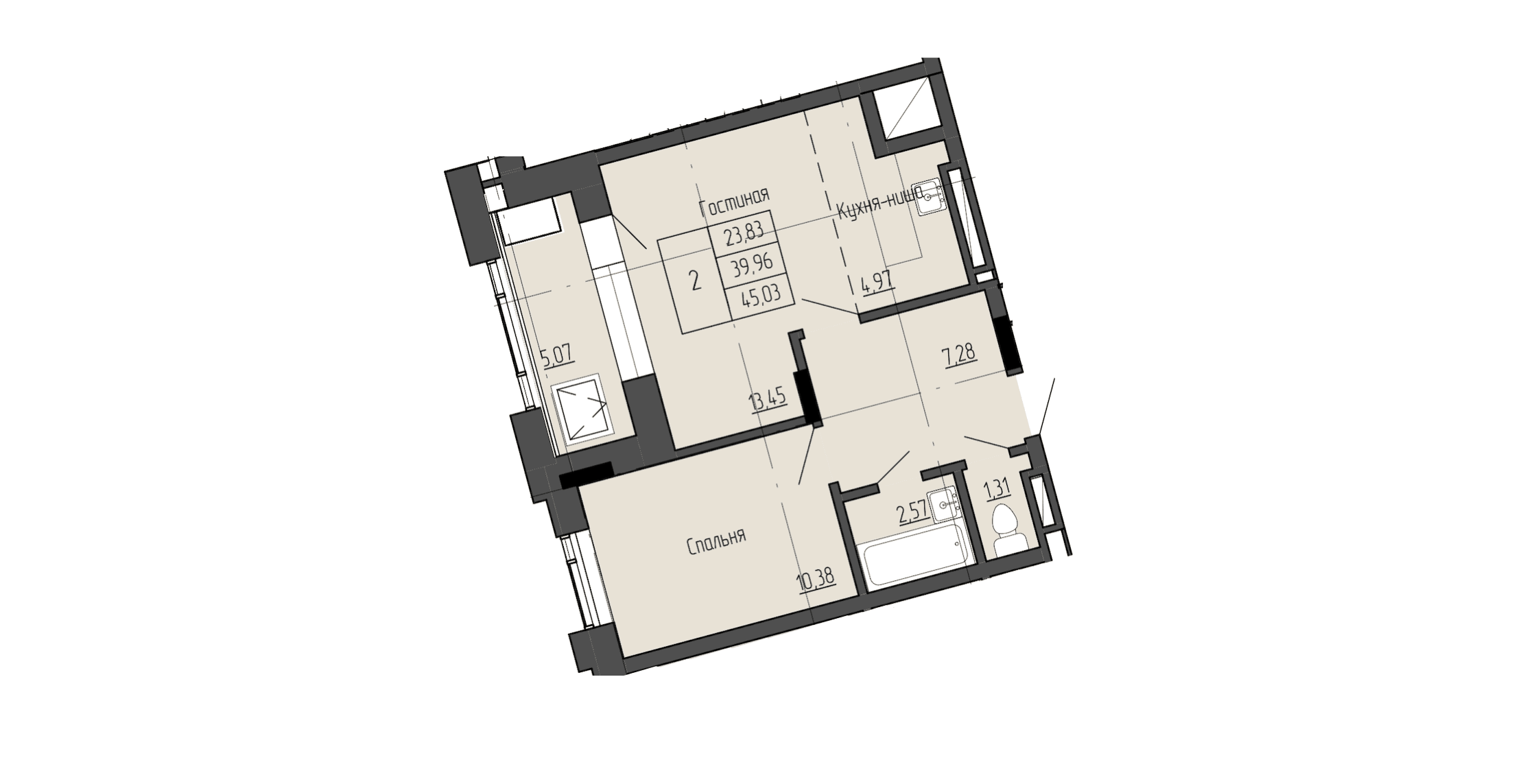 2 комн., 45.1 м²