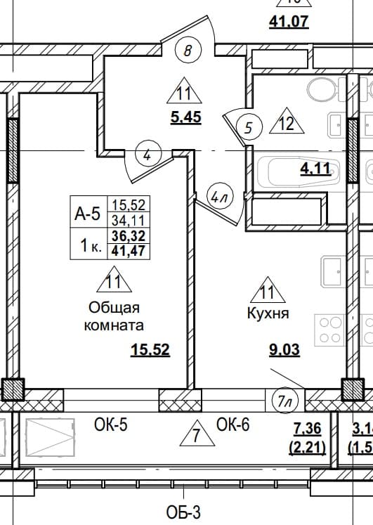 1 комн., 36.3 м²