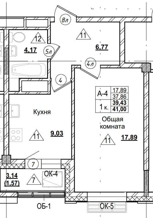 1 комн., 39.4 м²