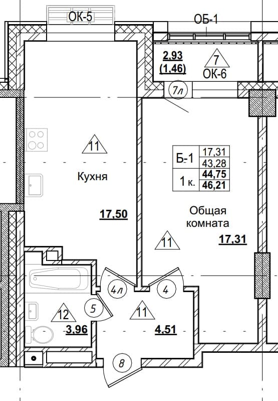 1 комн., 44.8 м²