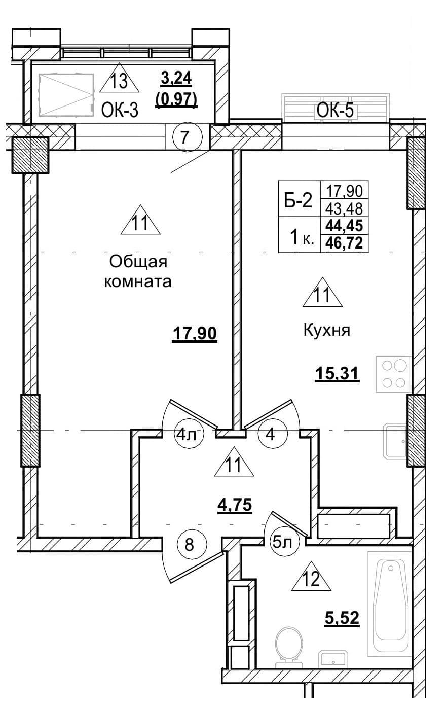 1 комн., 44.5 м²