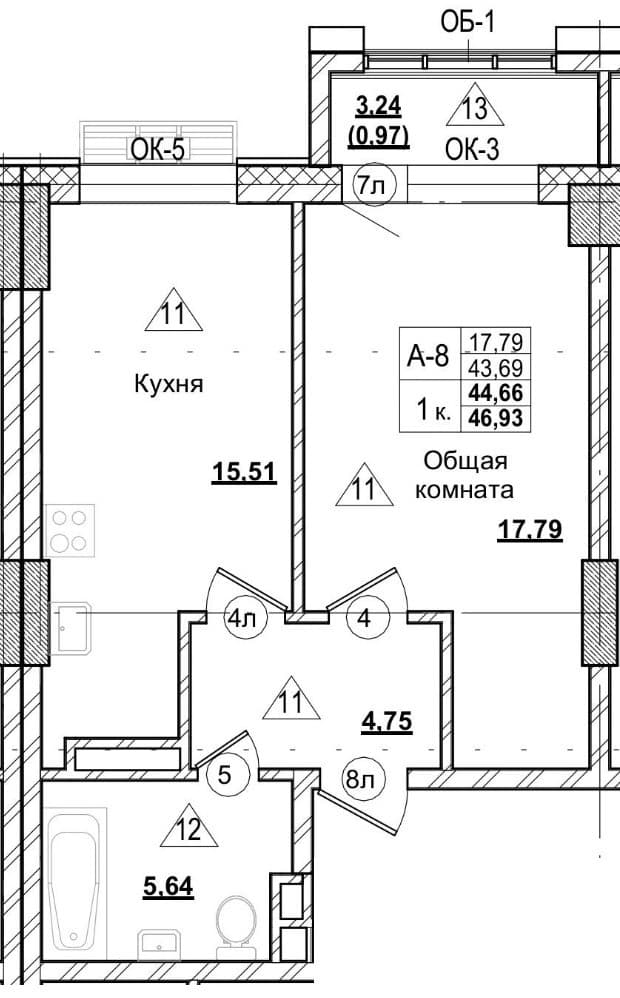 1 комн., 44.7 м²