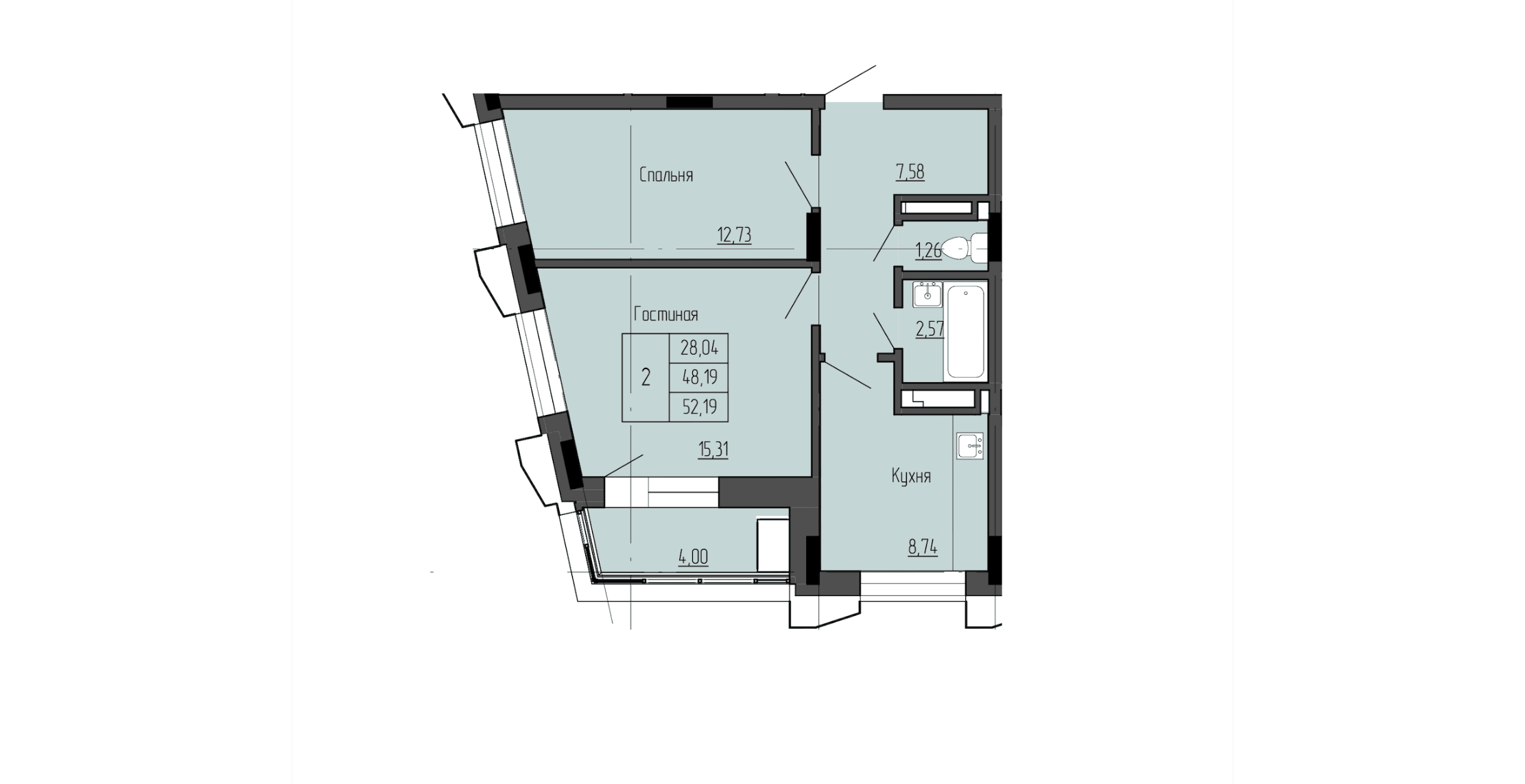2 комн., 52.7 м²