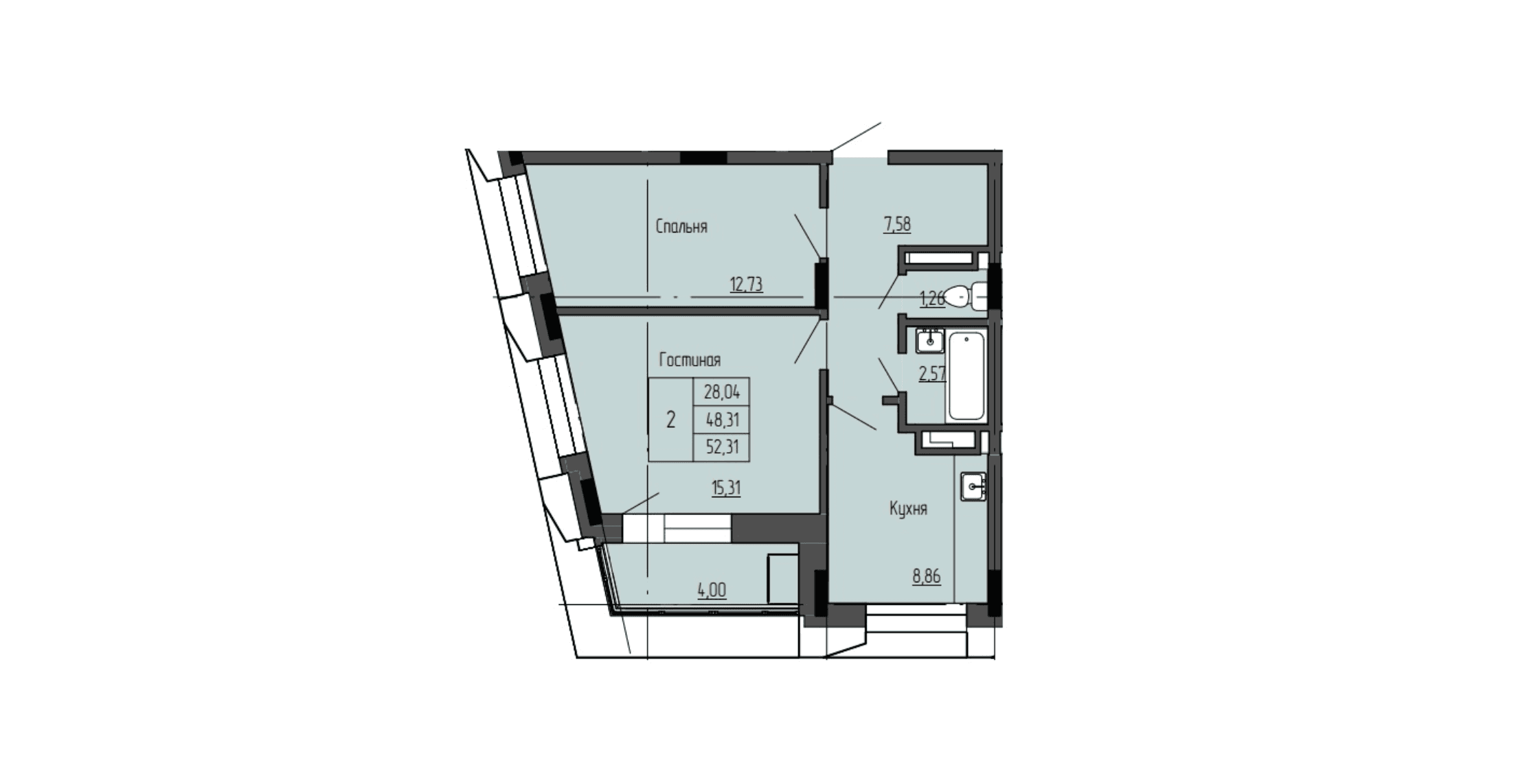 2 комн., 52.6 м²