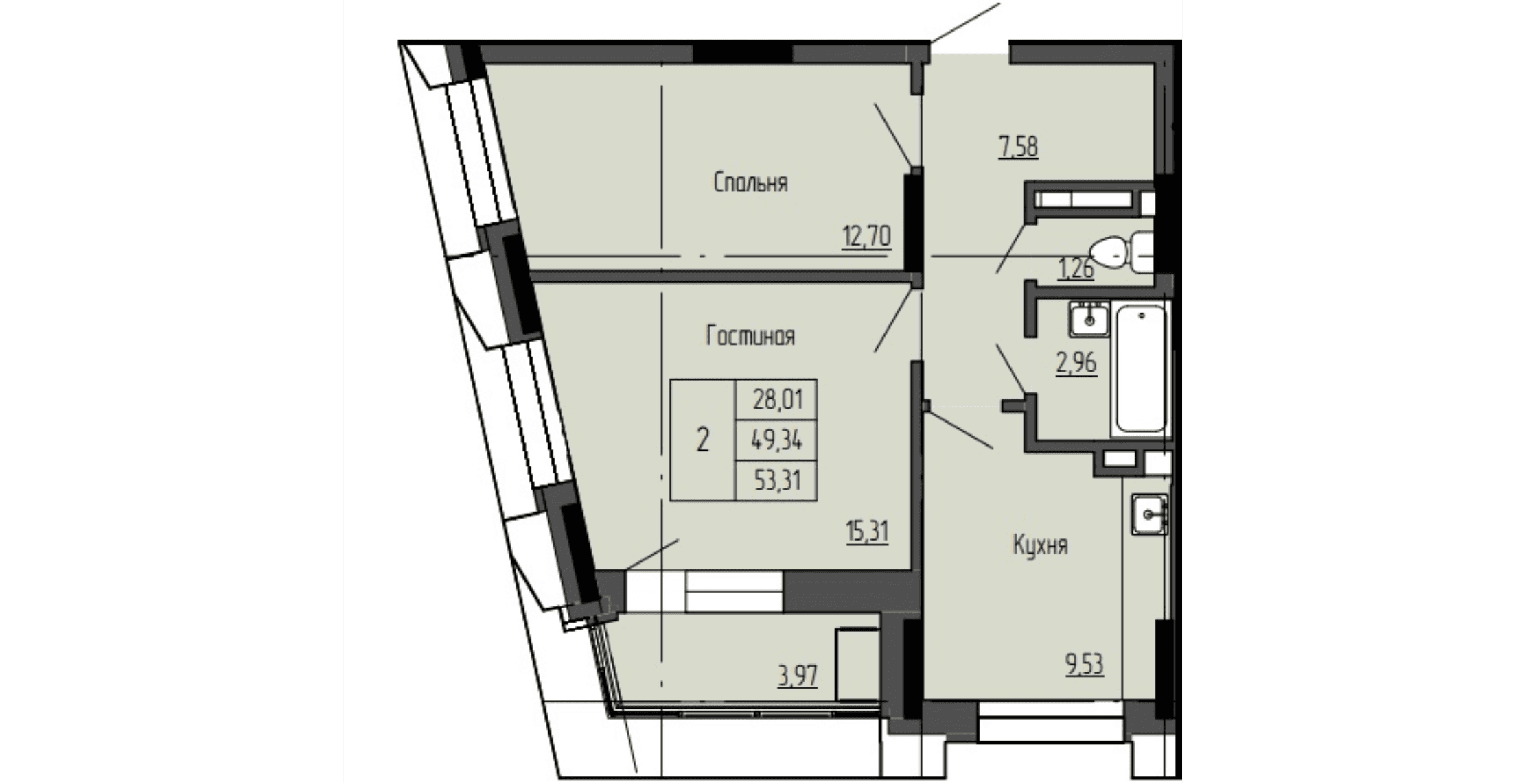 2 комн., 53.3 м²