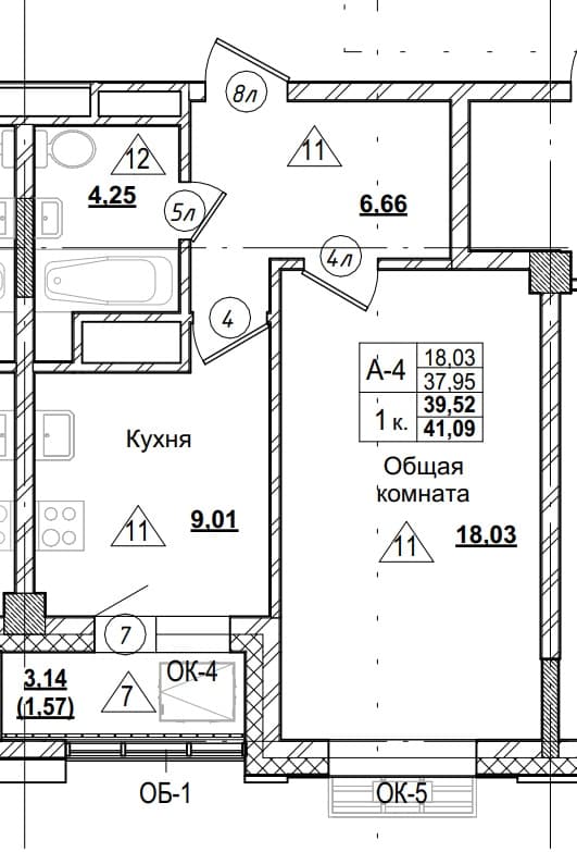1 комн., 39.5 м²