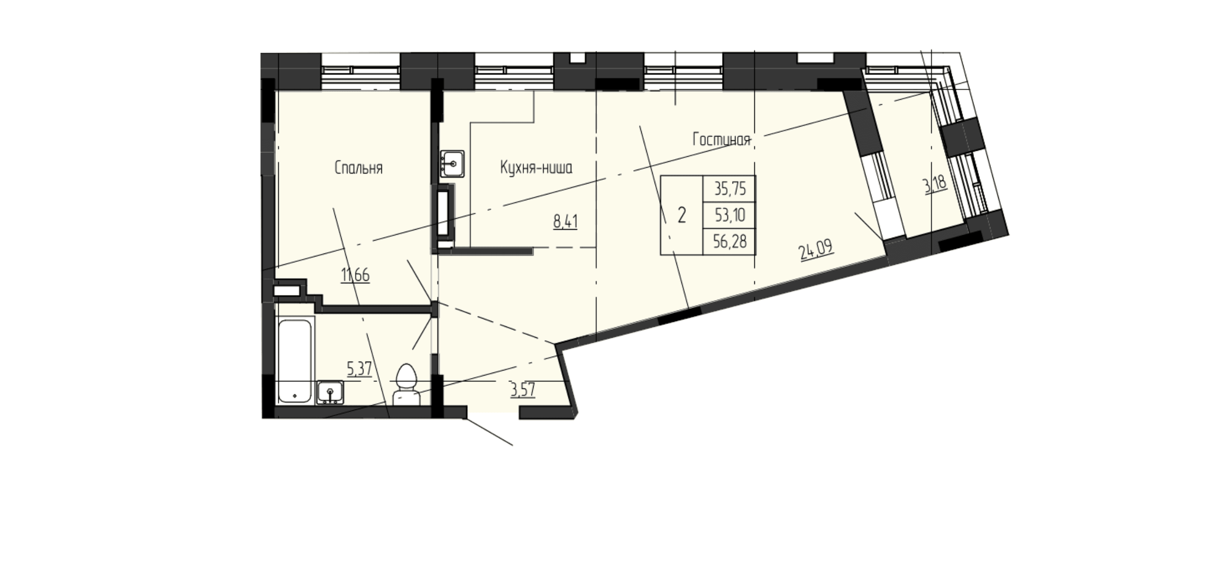 2 комн., 56.6 м²