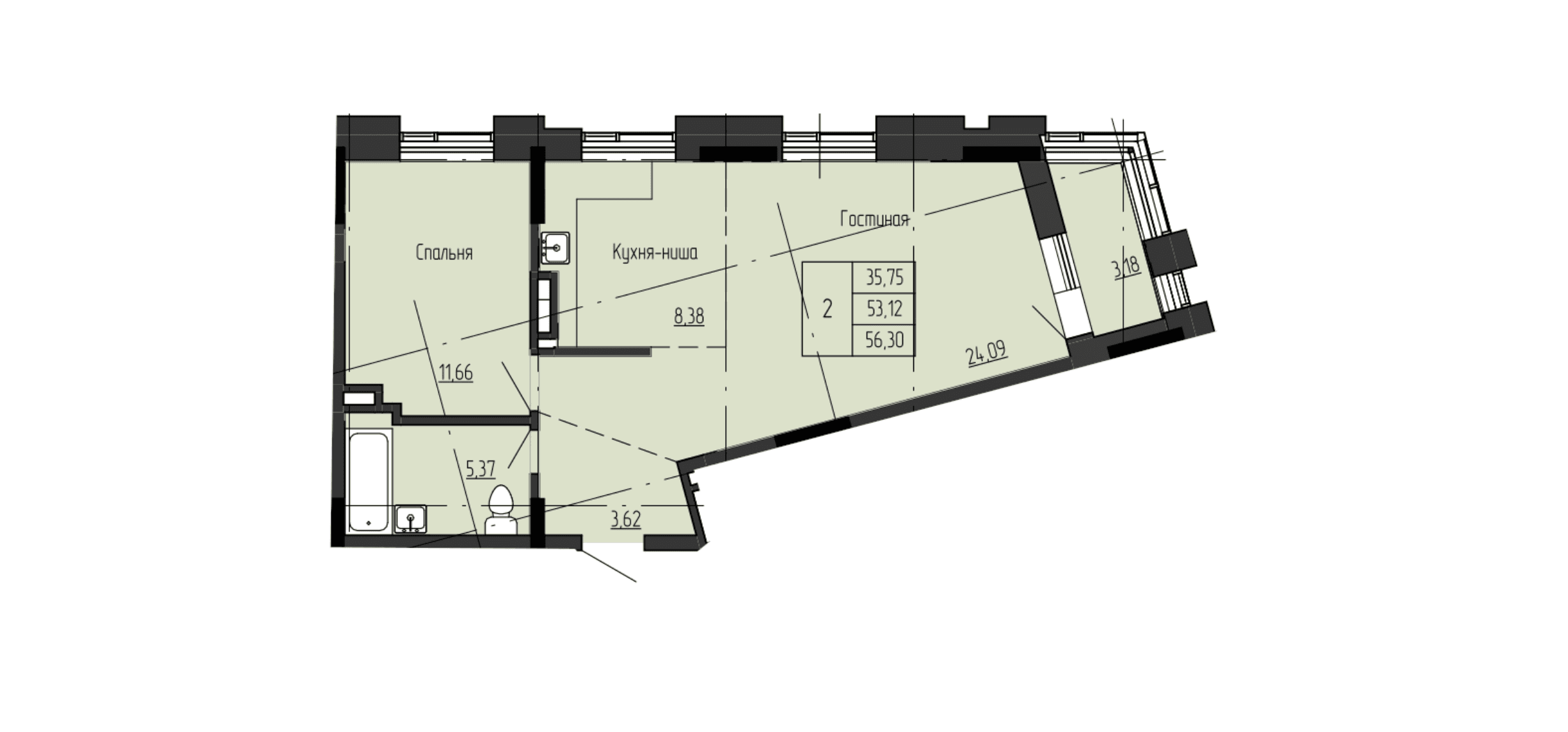 2 комн., 56.7 м²