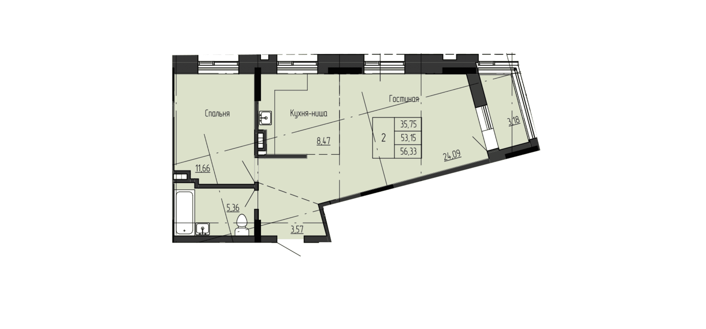 2 комн., 56.8 м²