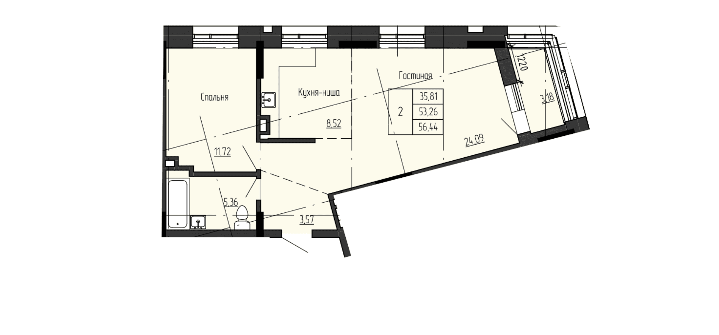2 комн., 55.9 м²