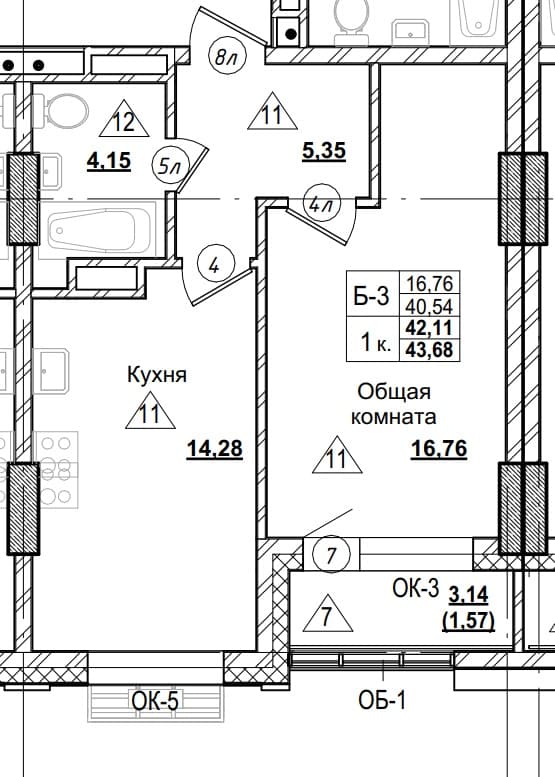 1 комн., 42.1 м²