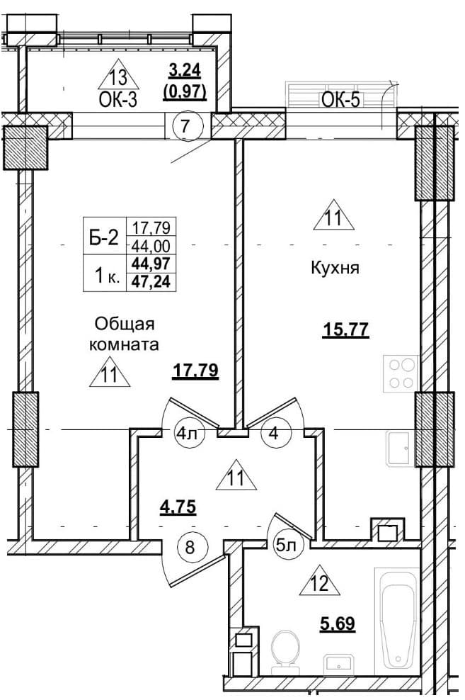 1 комн., 45.0 м²