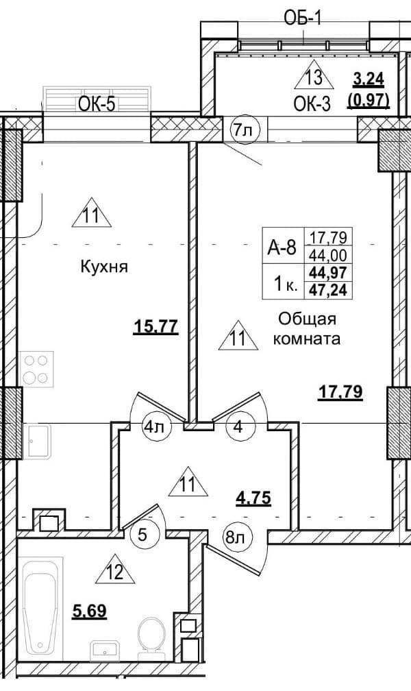 1 комн., 45.0 м²
