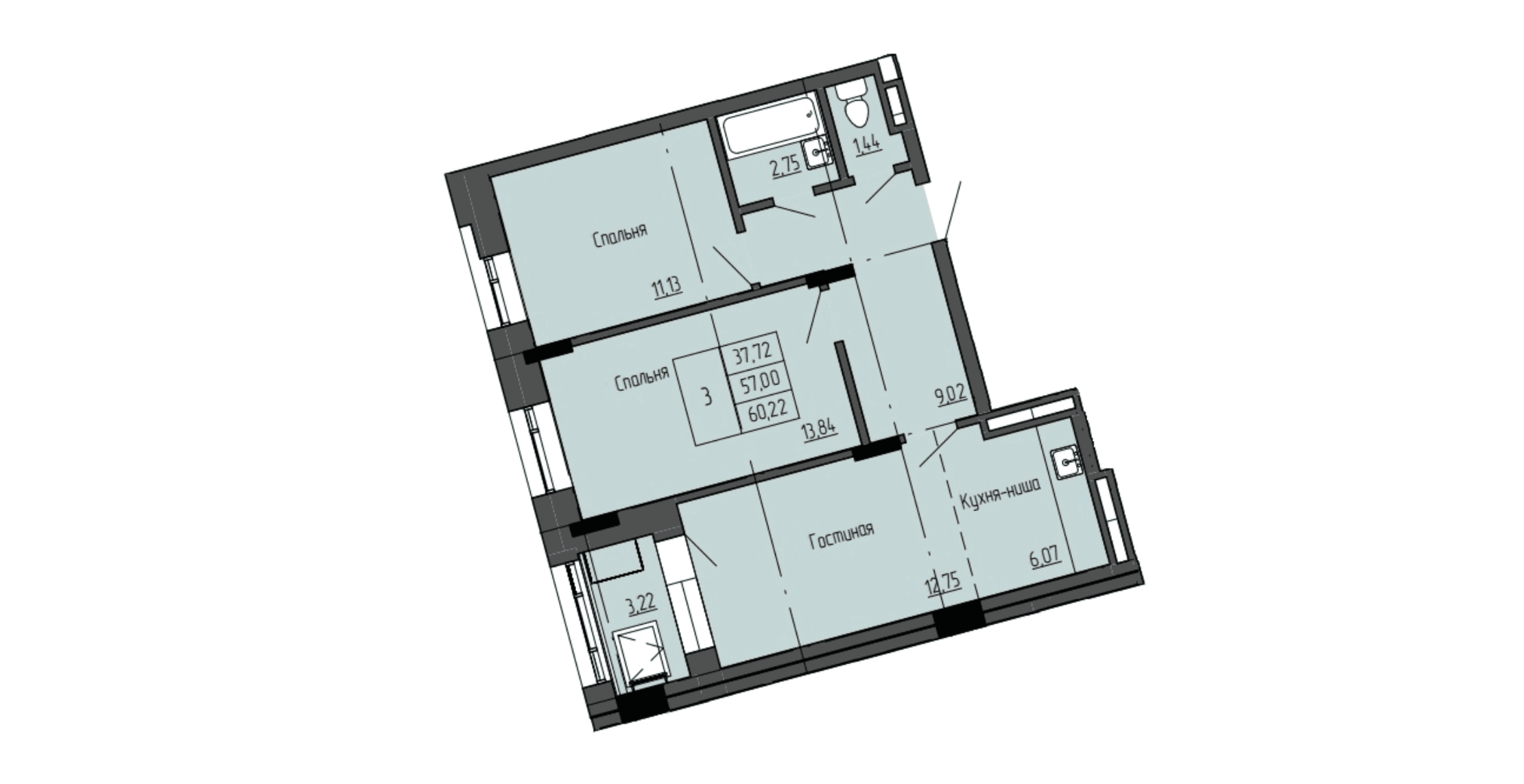 3 комн., 60.4 м²