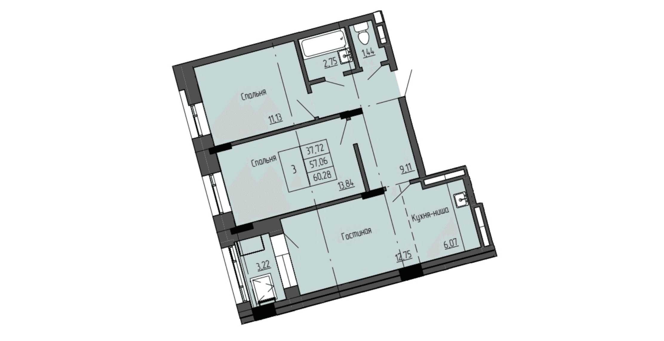 3 комн., 60.7 м²