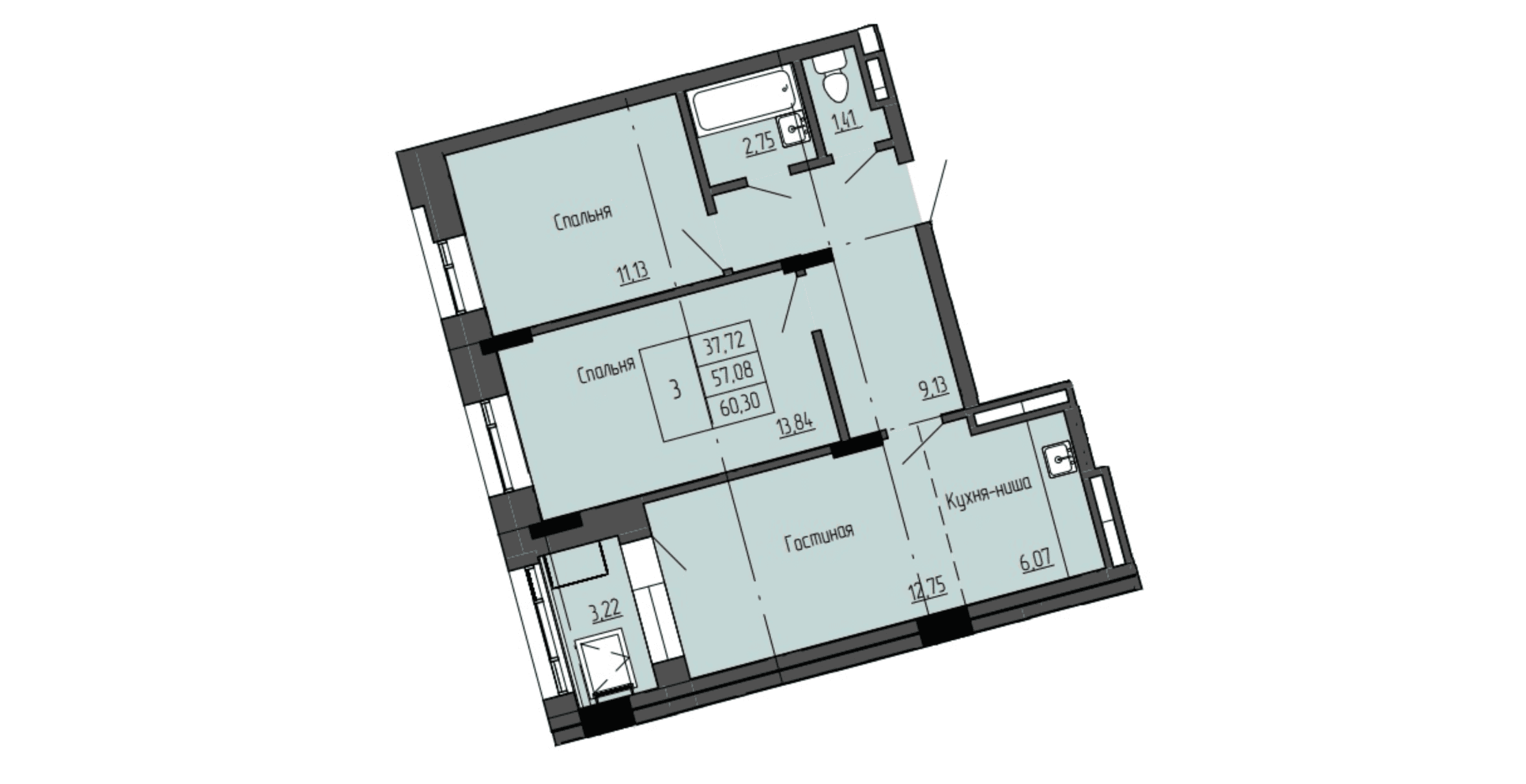 3 комн., 60.5 м²