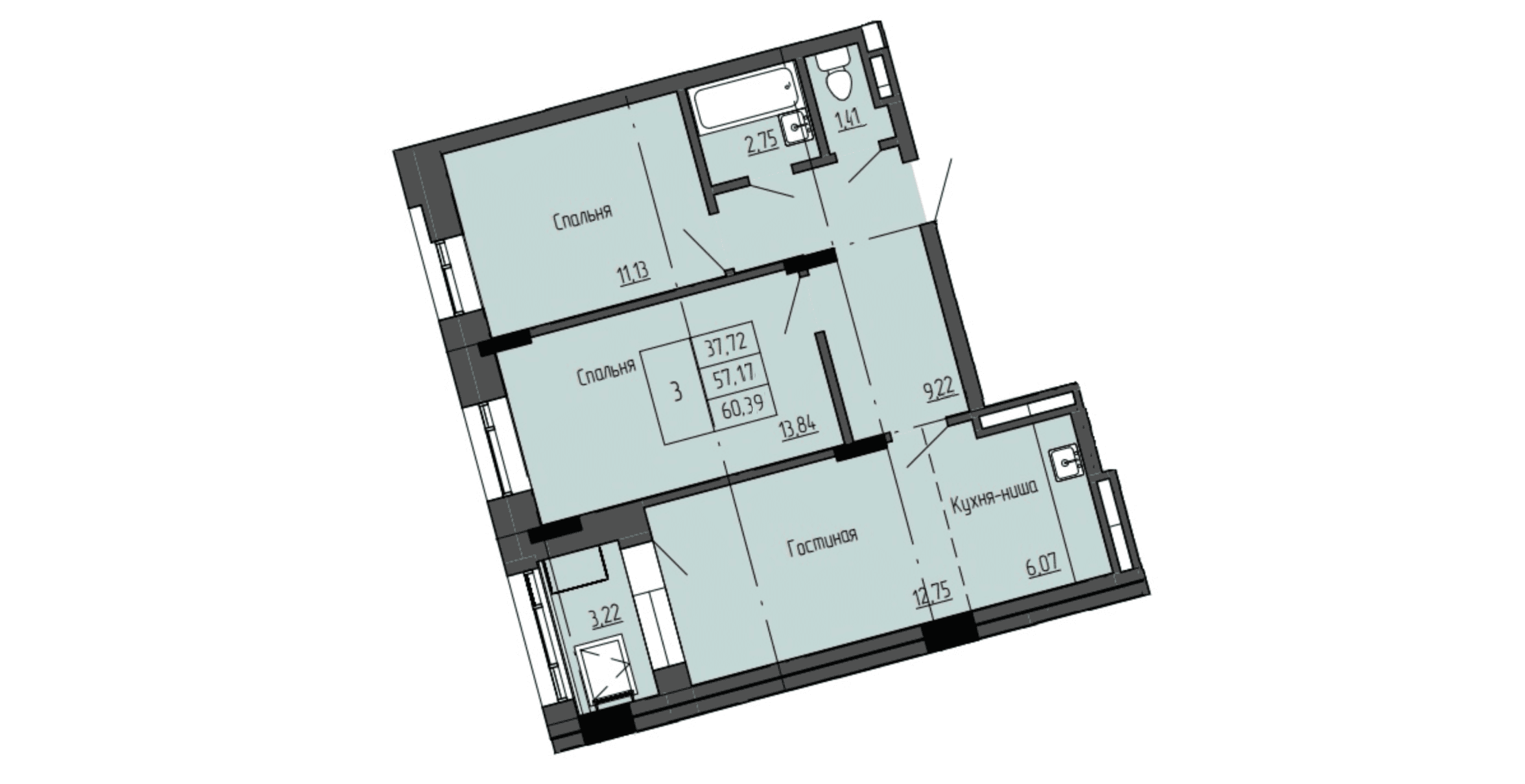 3 комн., 60.8 м²