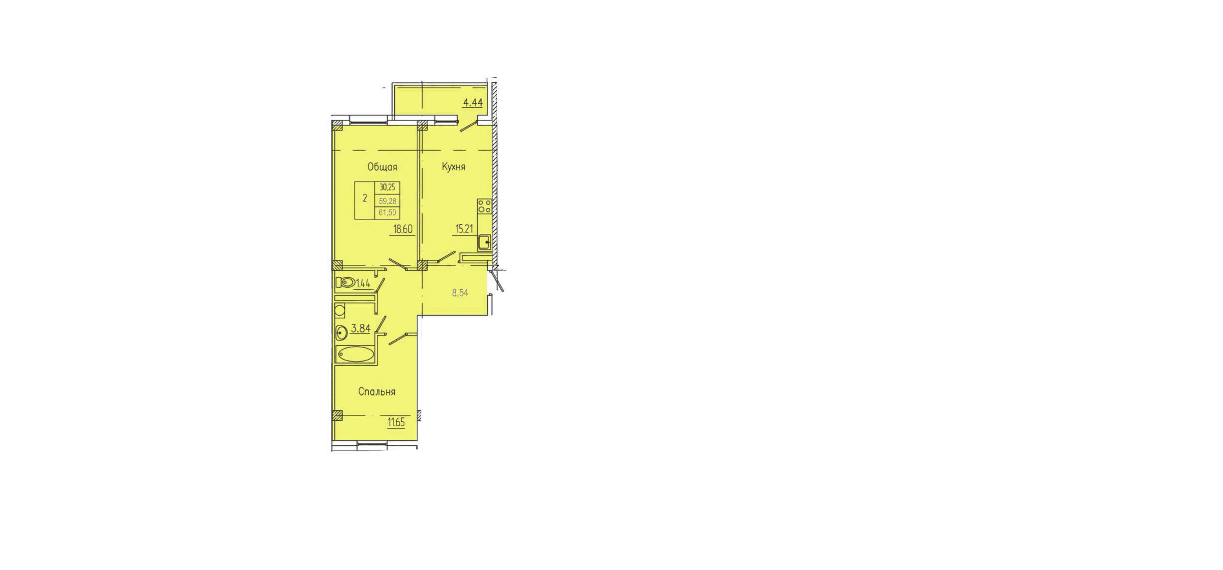 2 комн., 61.4 м²
