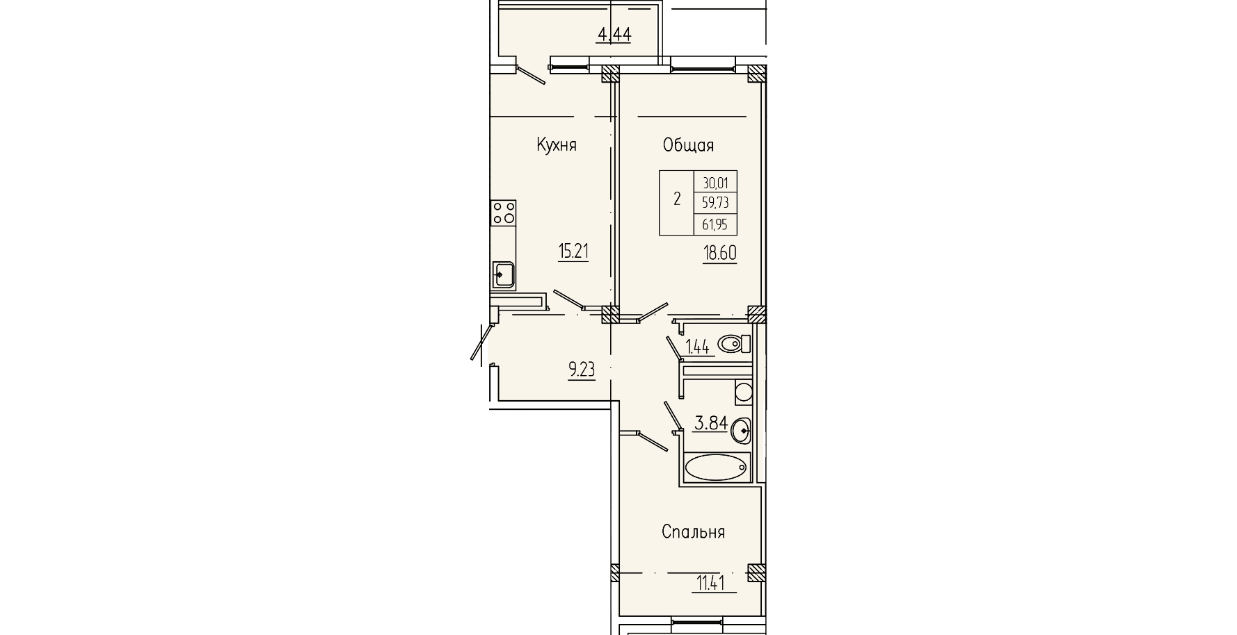 2 комн., 60.9 м²