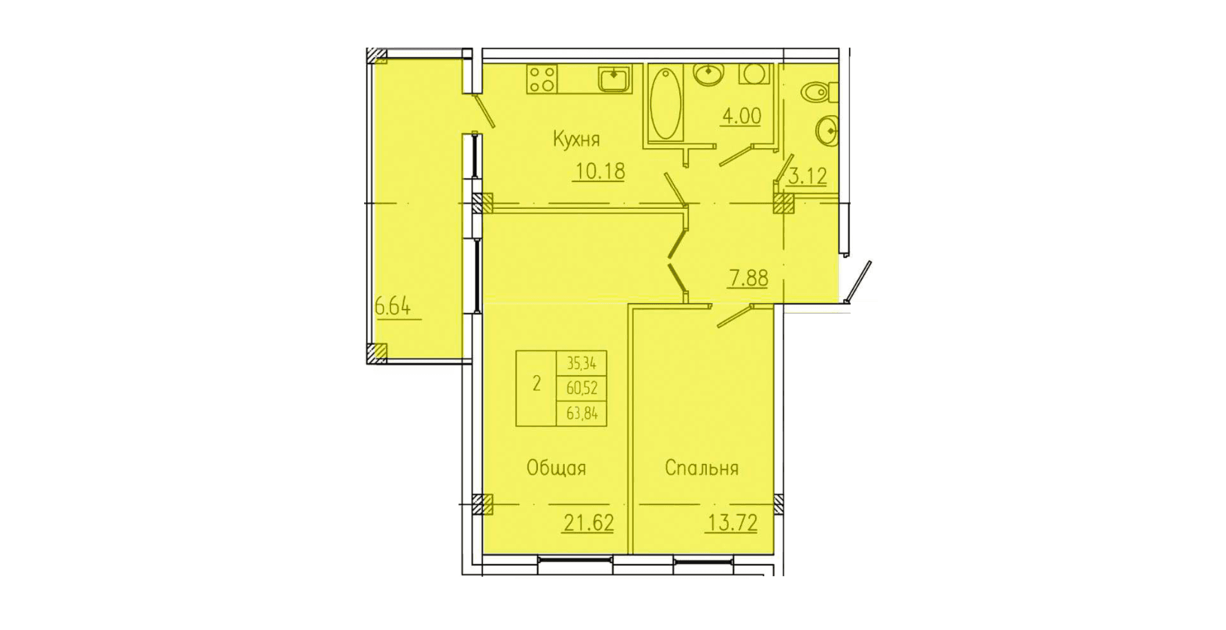 2 комн., 62.6 м²