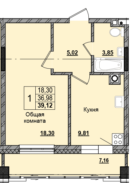 1 комн., 39.1 м²