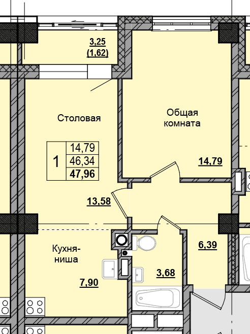 1 комн., 47.2 м²