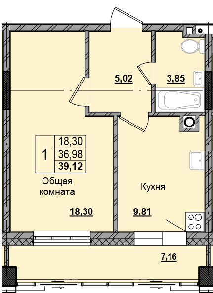 1 комн., 37.3 м²