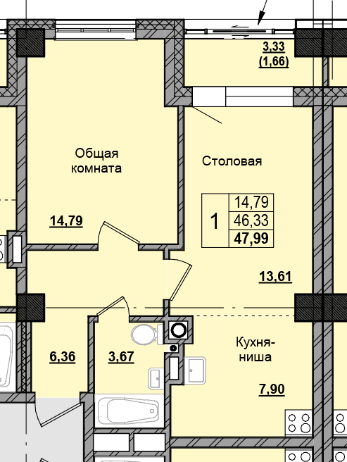 1 комн., 47.0 м²