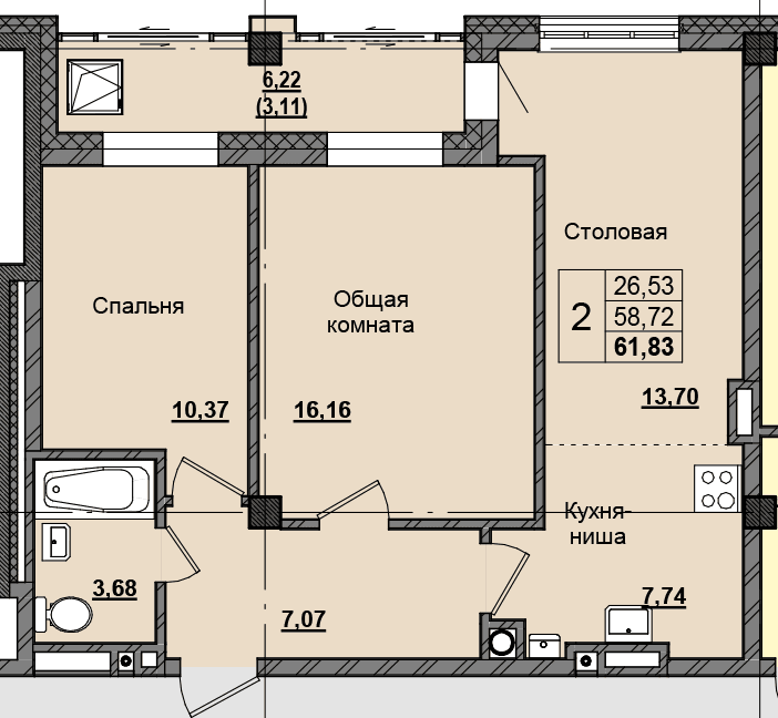 2 комн., 59.2 м²