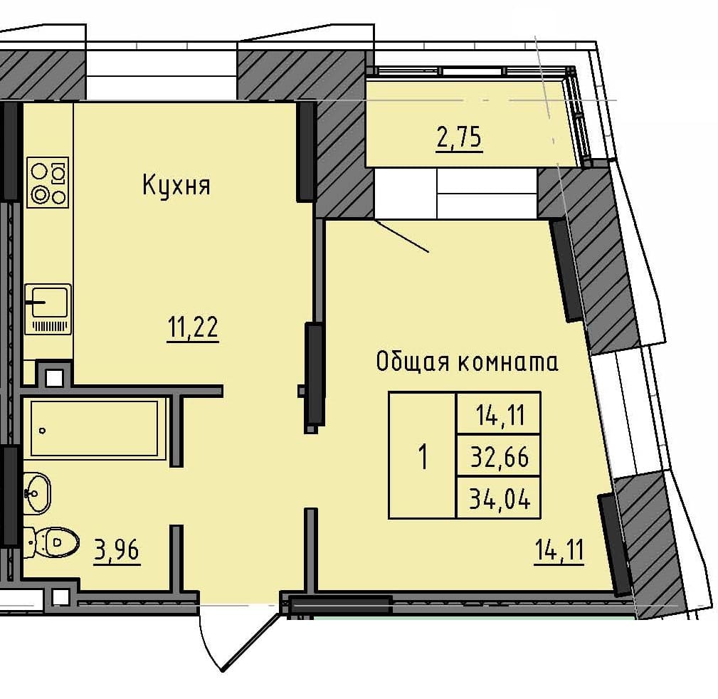 1 комн., 34.0 м²