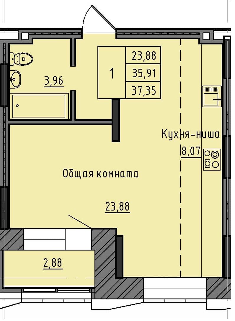 1 комн., 37.4 м²