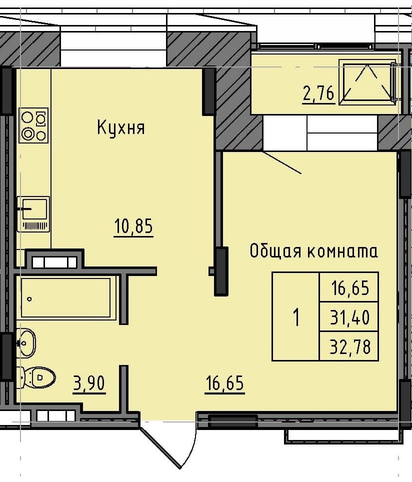 1 комн., 32.8 м²