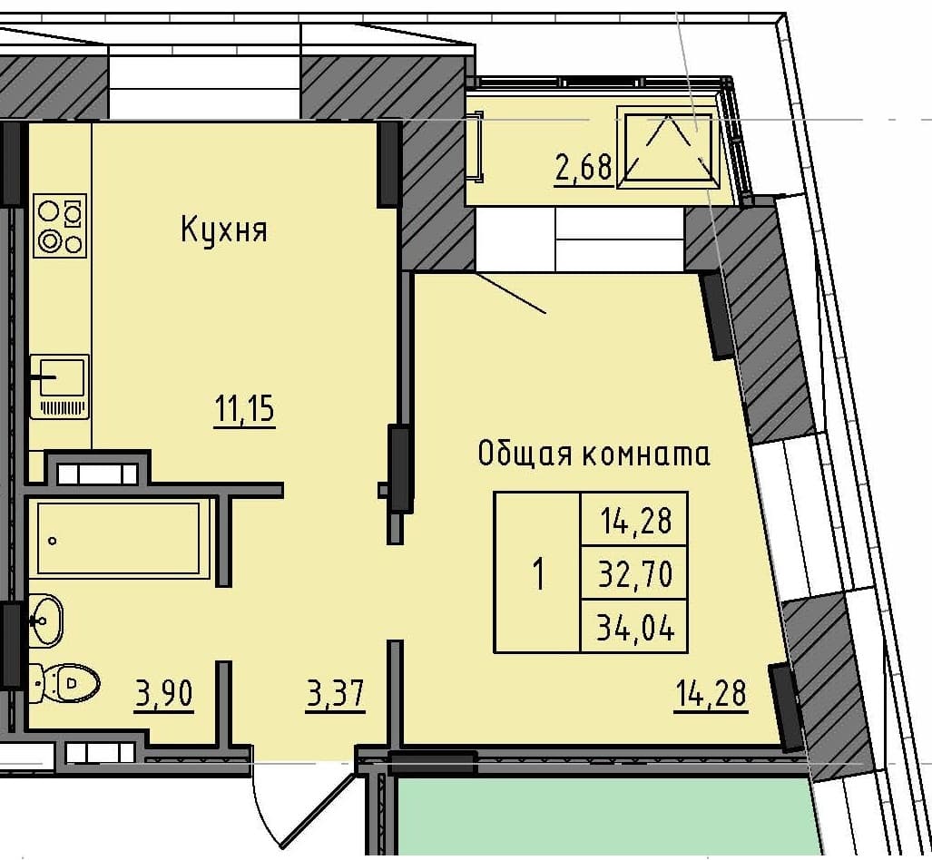 1 комн., 34.0 м²