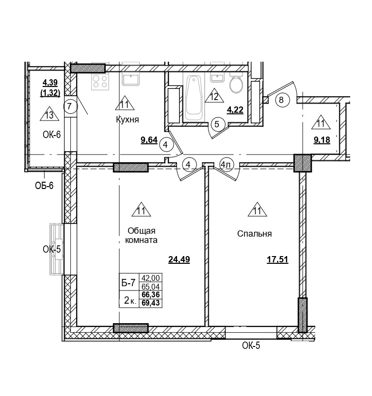 2 комн., 66.4 м²