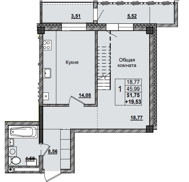 1 комн., 66.2 м²