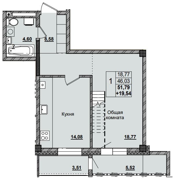 1 комн., 66.3 м²