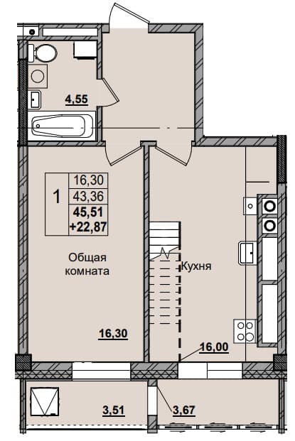 1 комн., 61.7 м²
