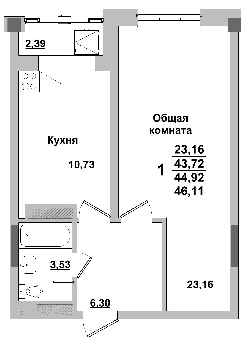 1 комн., 44.9 м²