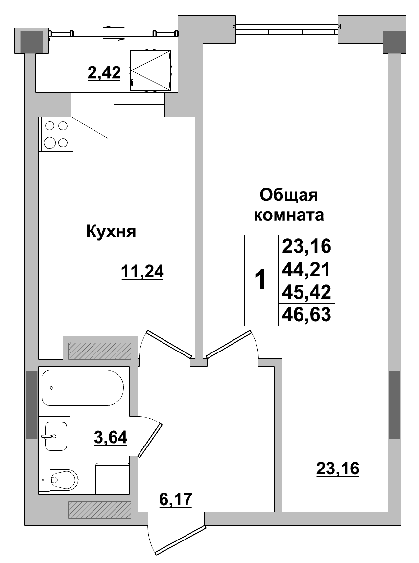 1 комн., 45.4 м²