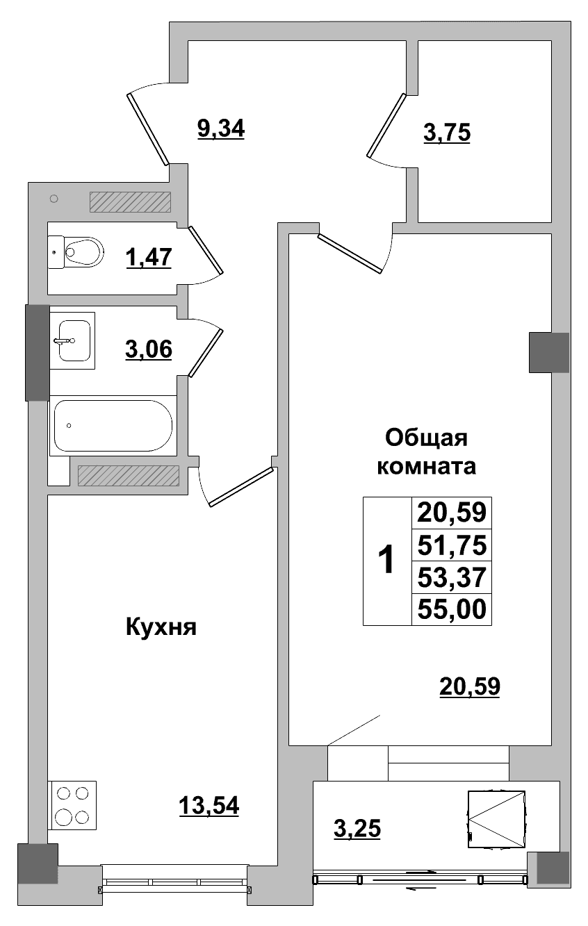 1 комн., 53.4 м²