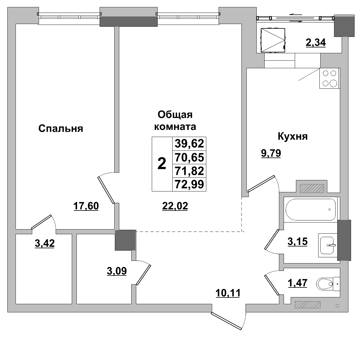 2 комн., 71.8 м²