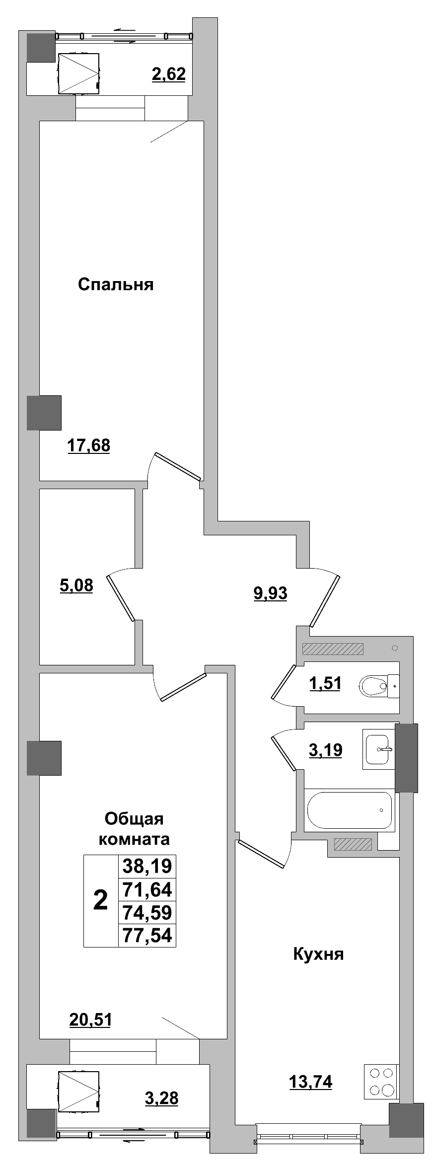 2 комн., 74.6 м²