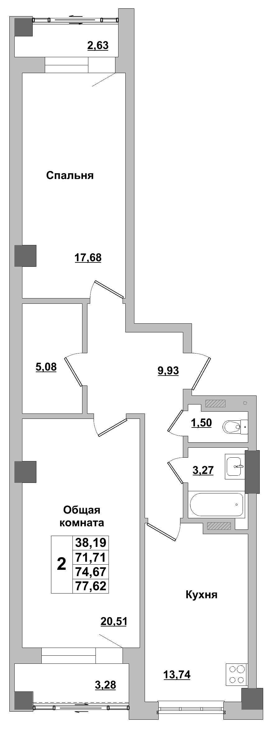 2 комн., 74.7 м²