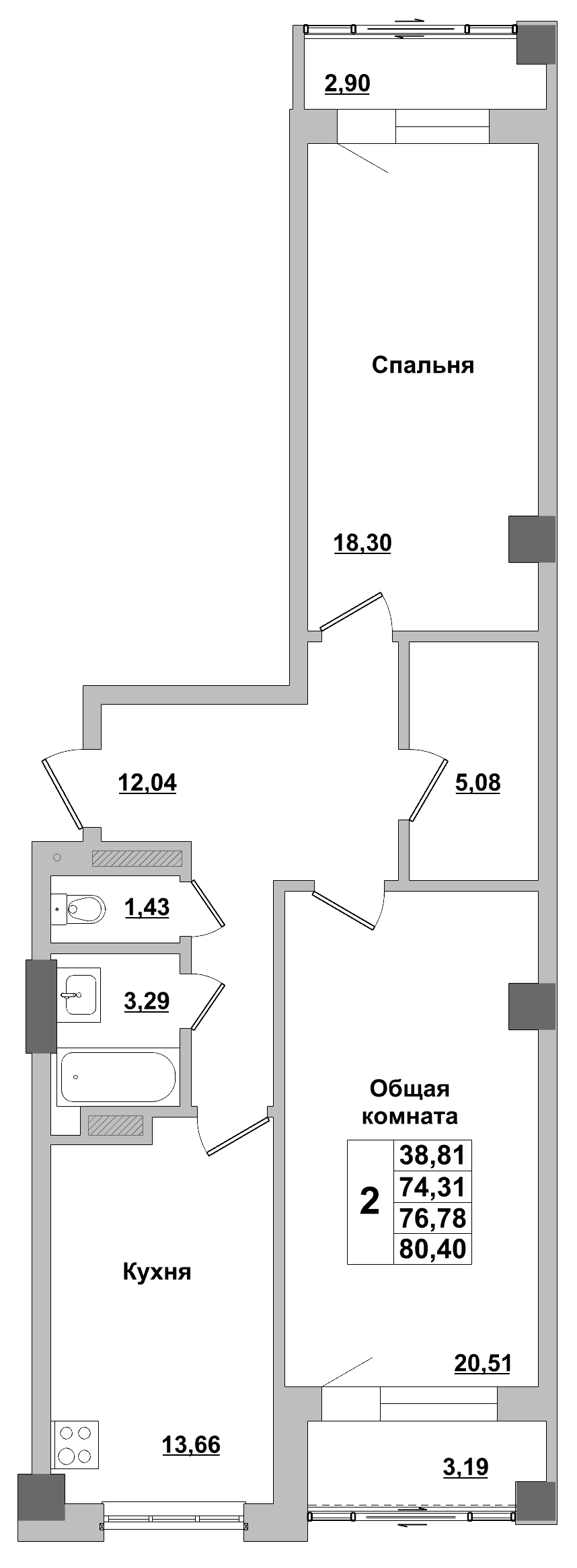 2 комн., 76.8 м²