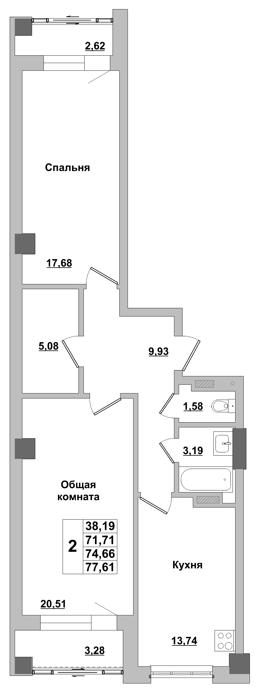 2 комн., 74.7 м²