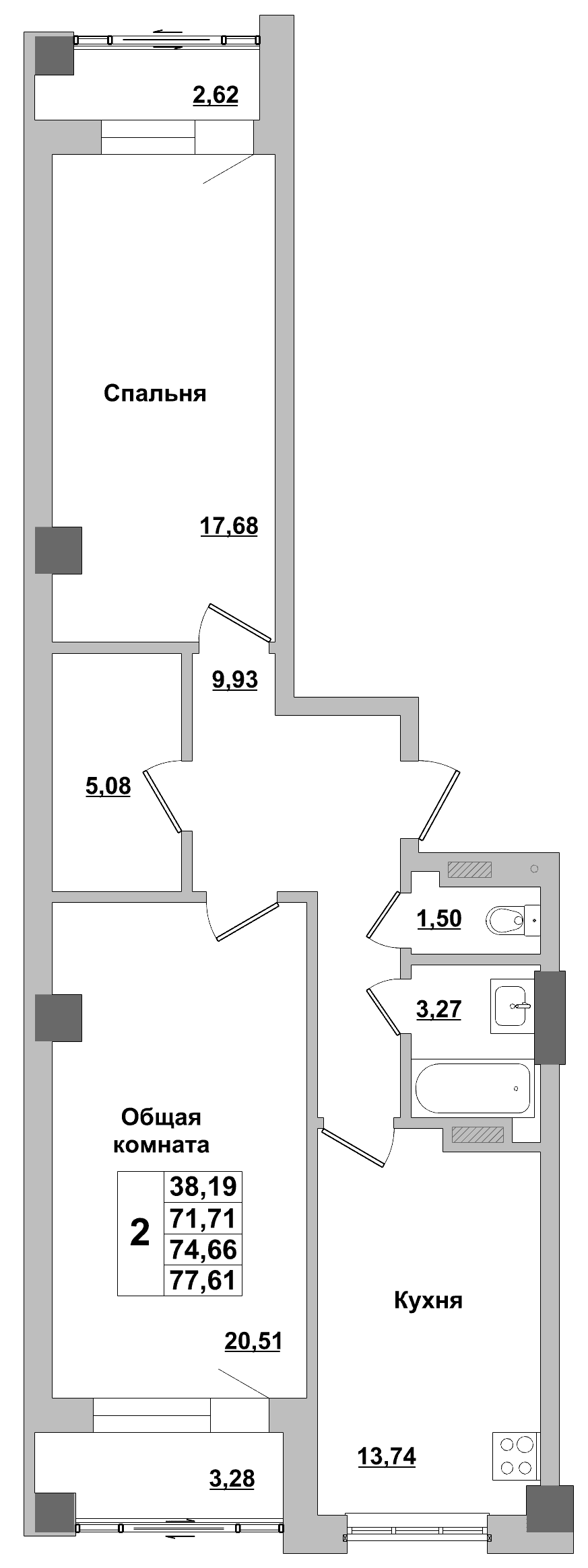 2 комн., 74.7 м²