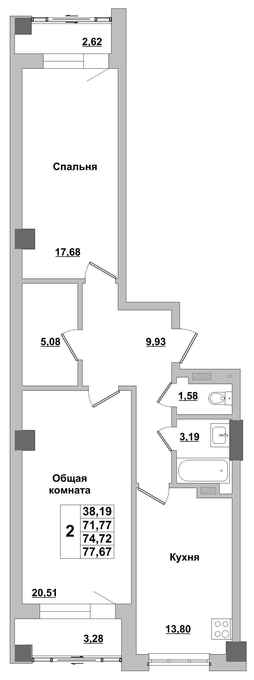 2 комн., 74.7 м²
