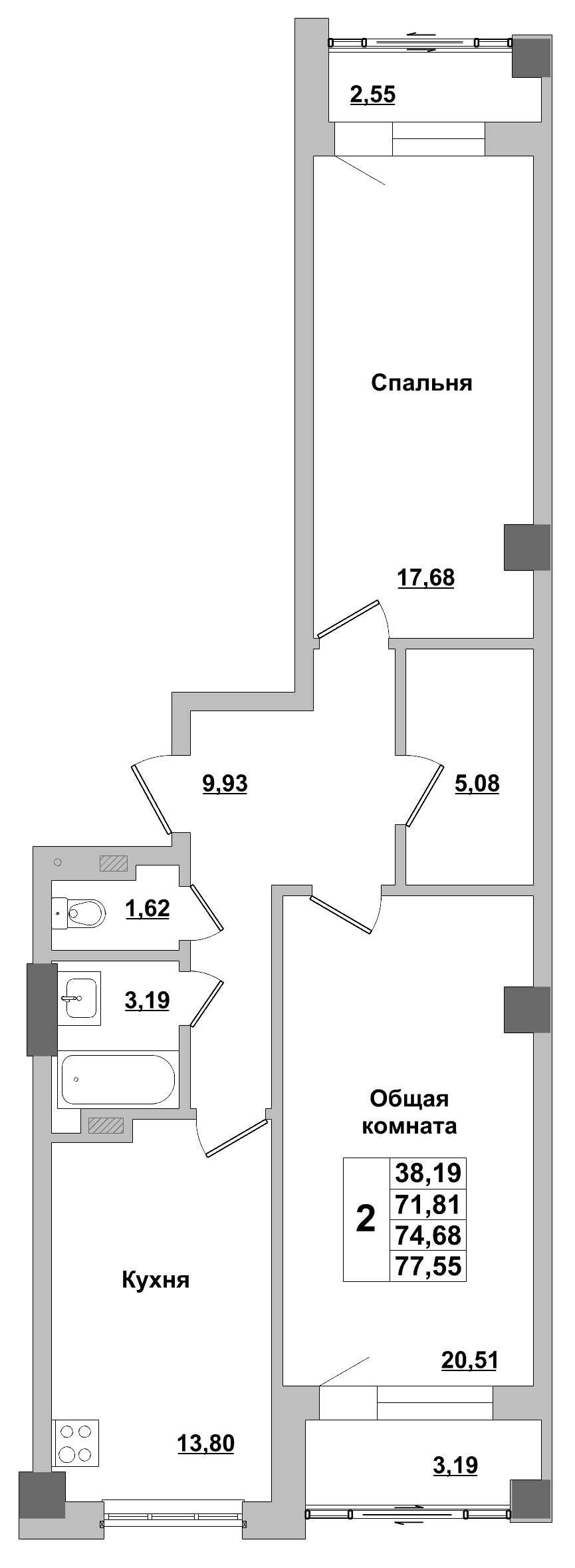 2 комн., 74.7 м²
