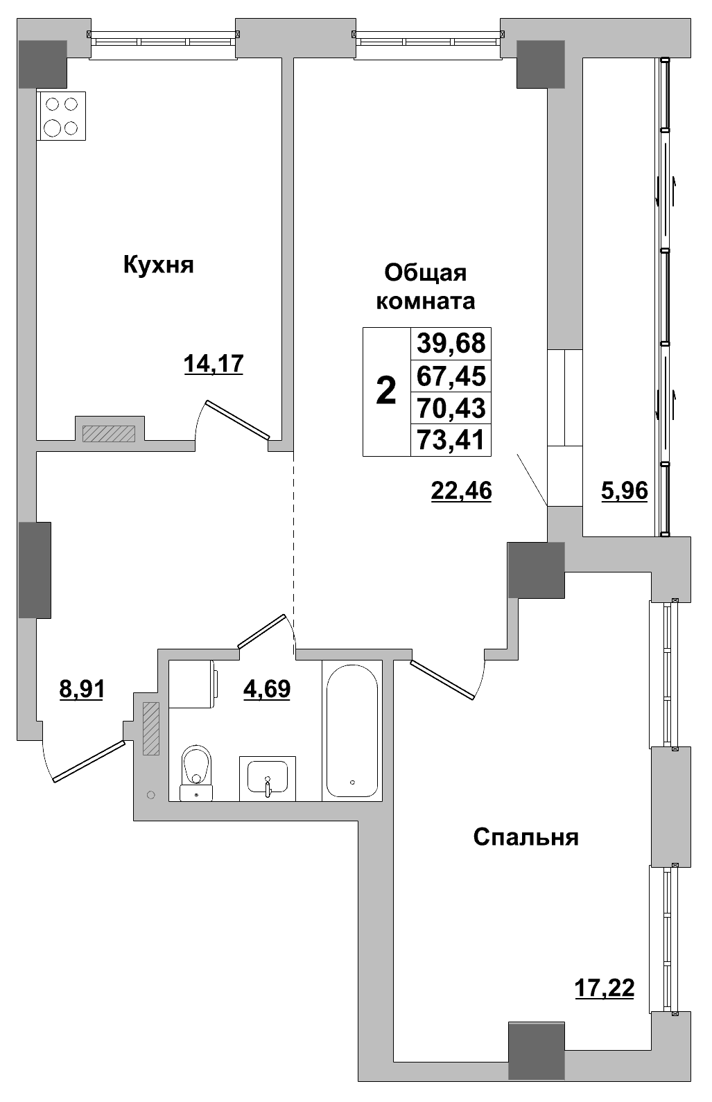 2 комн., 70.4 м²