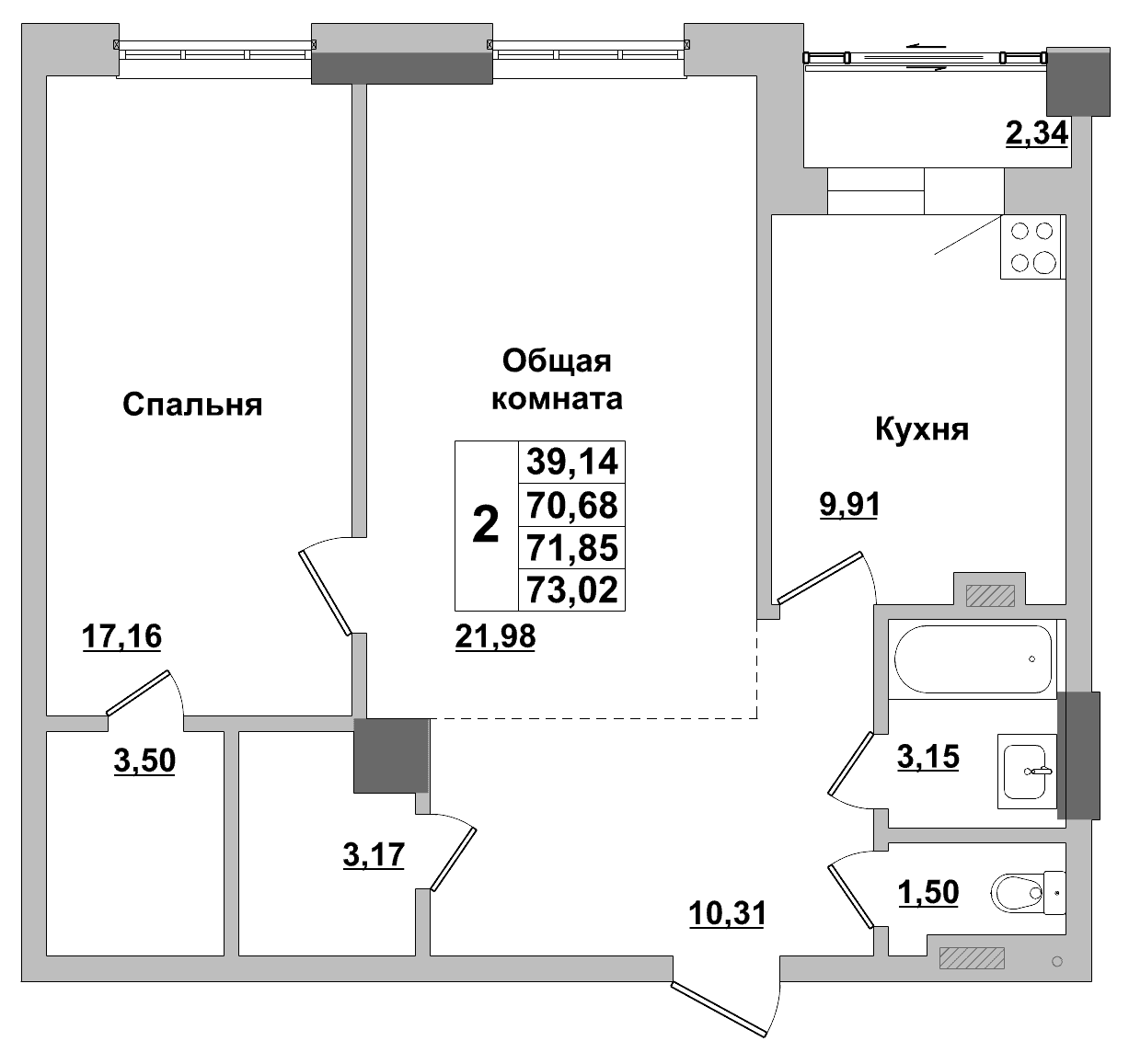 2 комн., 71.8 м²